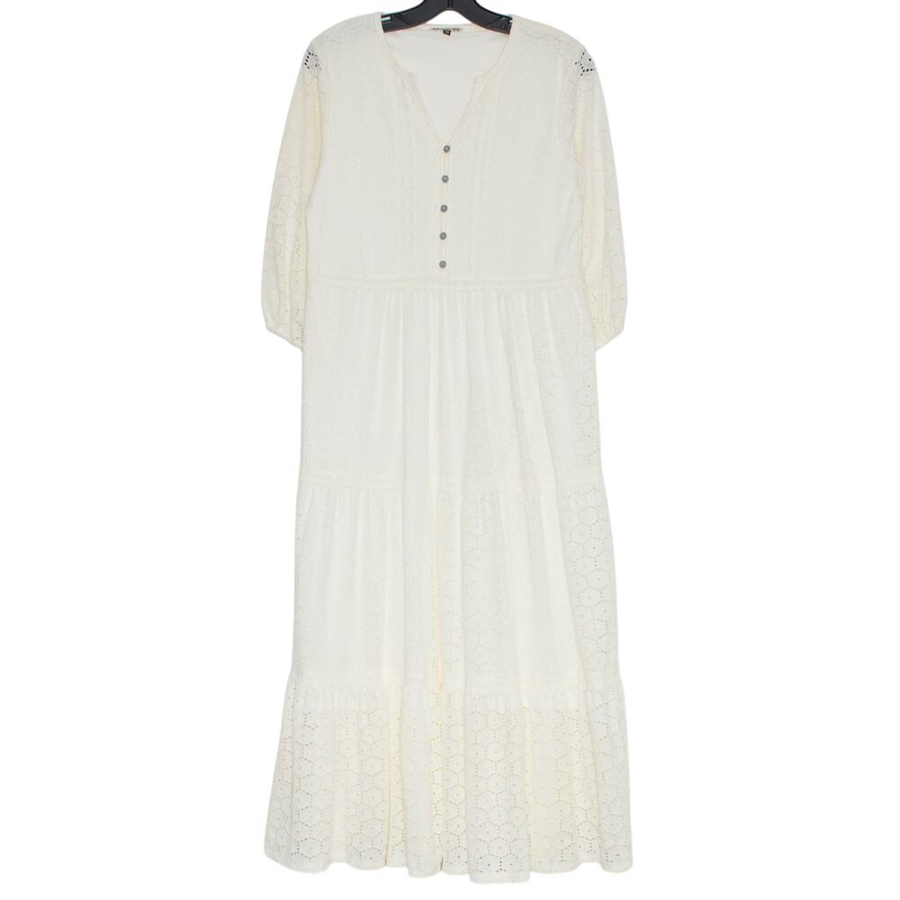 Fairhope Eyelet Lace Tiered Midi Dress Ivory 3/4 Sleeve Cottage Bohemian Medium